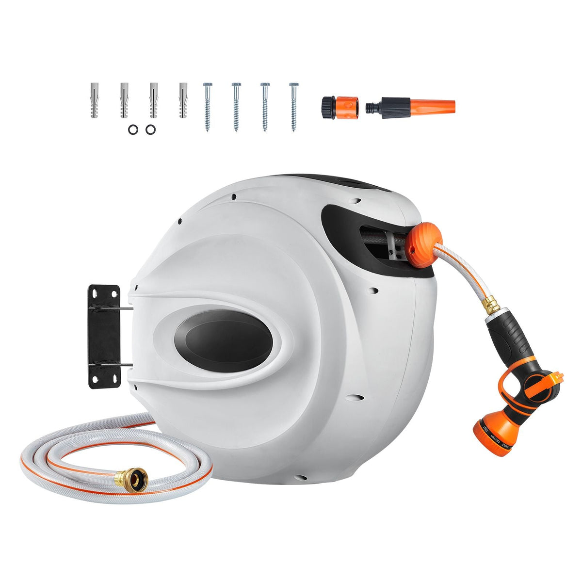 Retractable Hose Reel, 100 ft x 1/2 inch, 180° Swivel Bracket Wall-Mounted, Garden Water Hose Reel with 9-Pattern Nozzle, Automatic Rewind, Lock at Any Length, and Slow Return System