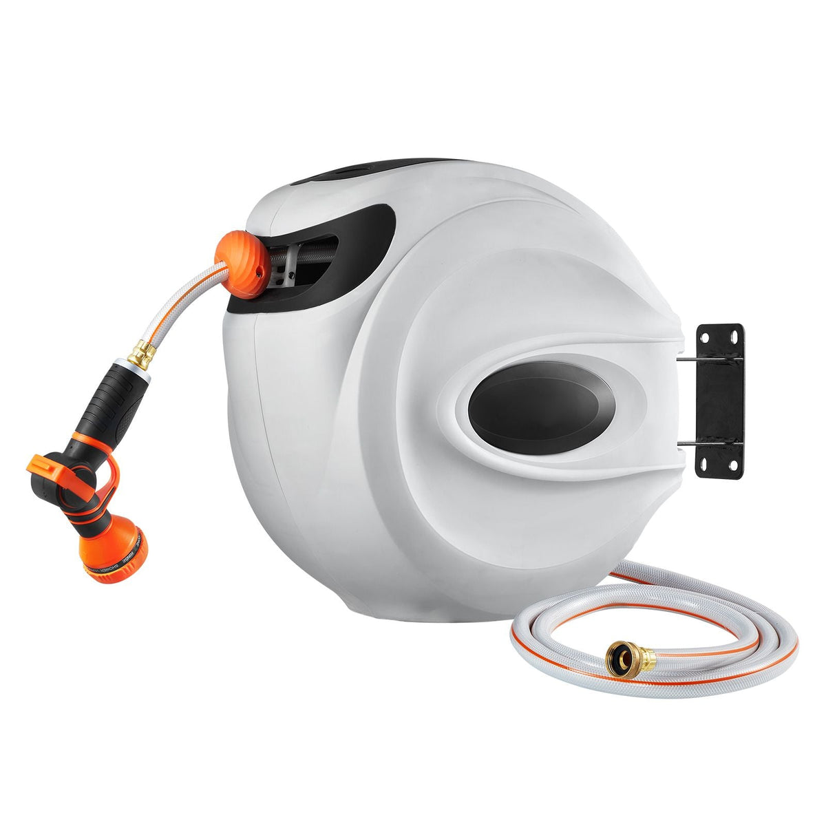 Retractable Hose Reel, 100 ft x 1/2 inch, 180° Swivel Bracket Wall-Mounted, Garden Water Hose Reel with 9-Pattern Nozzle, Automatic Rewind, Lock at Any Length, and Slow Return System