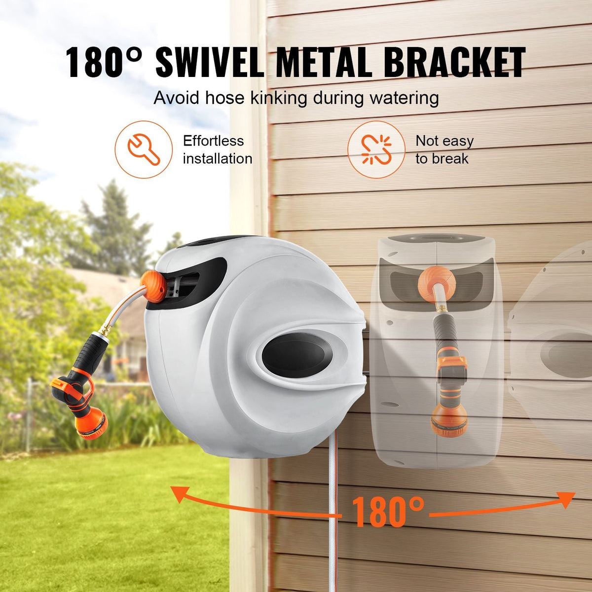 Retractable Hose Reel, 100 ft x 1/2 inch, 180° Swivel Bracket Wall-Mounted, Garden Water Hose Reel with 9-Pattern Nozzle, Automatic Rewind, Lock at Any Length, and Slow Return System