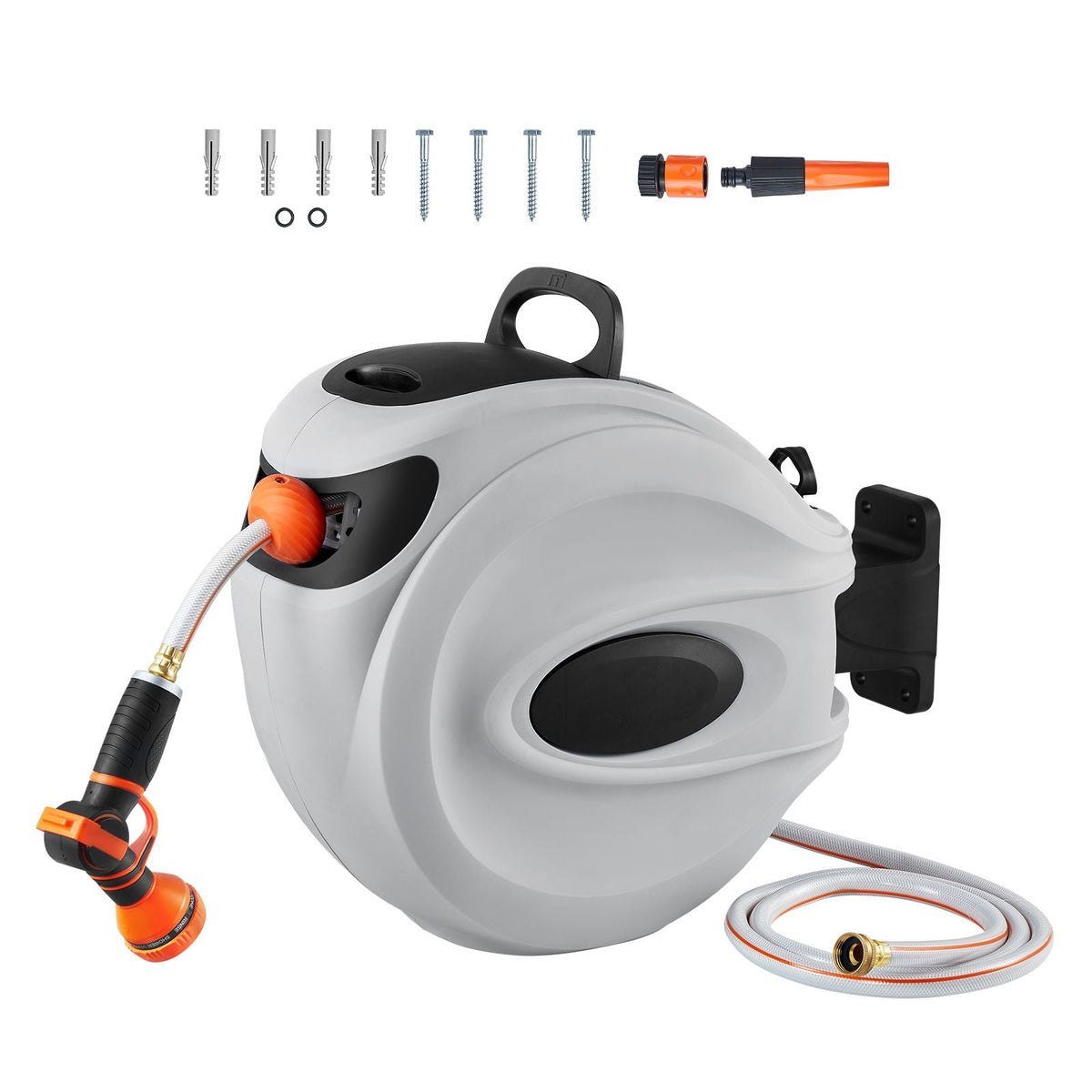 Retractable Hose Reel, 65 ft x 5/8 inch, 180° Swivel Bracket Wall-Mounted, Garden Water Hose Reel with 9-Pattern Nozzle, Automatic Rewind, Lock at Any Length, and Slow Return System