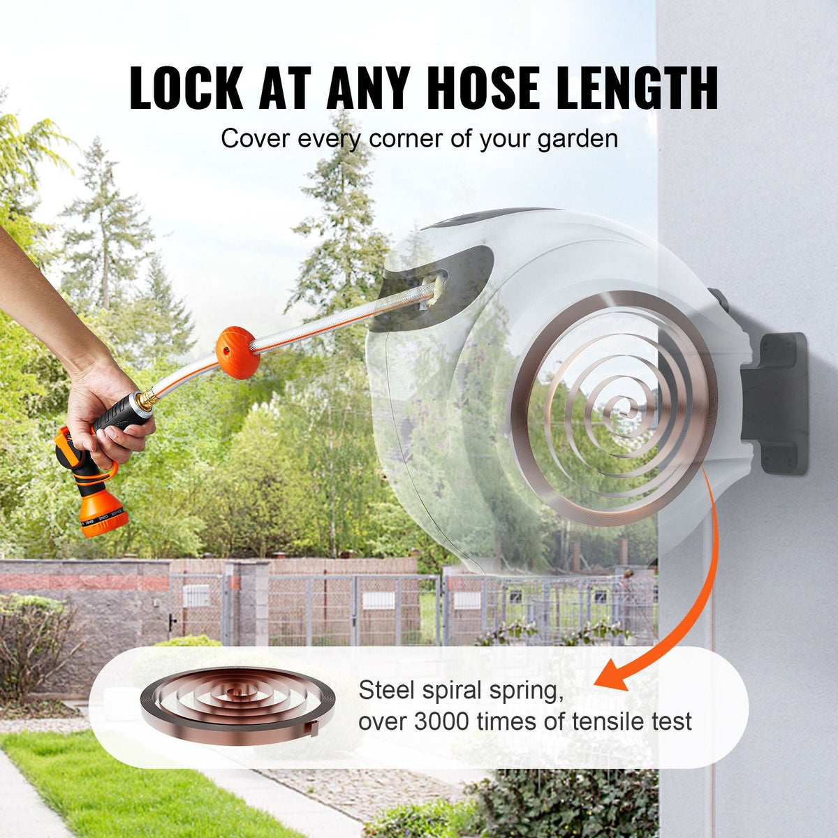 Retractable Hose Reel, 65 ft x 5/8 inch, 180° Swivel Bracket Wall-Mounted, Garden Water Hose Reel with 9-Pattern Nozzle, Automatic Rewind, Lock at Any Length, and Slow Return System