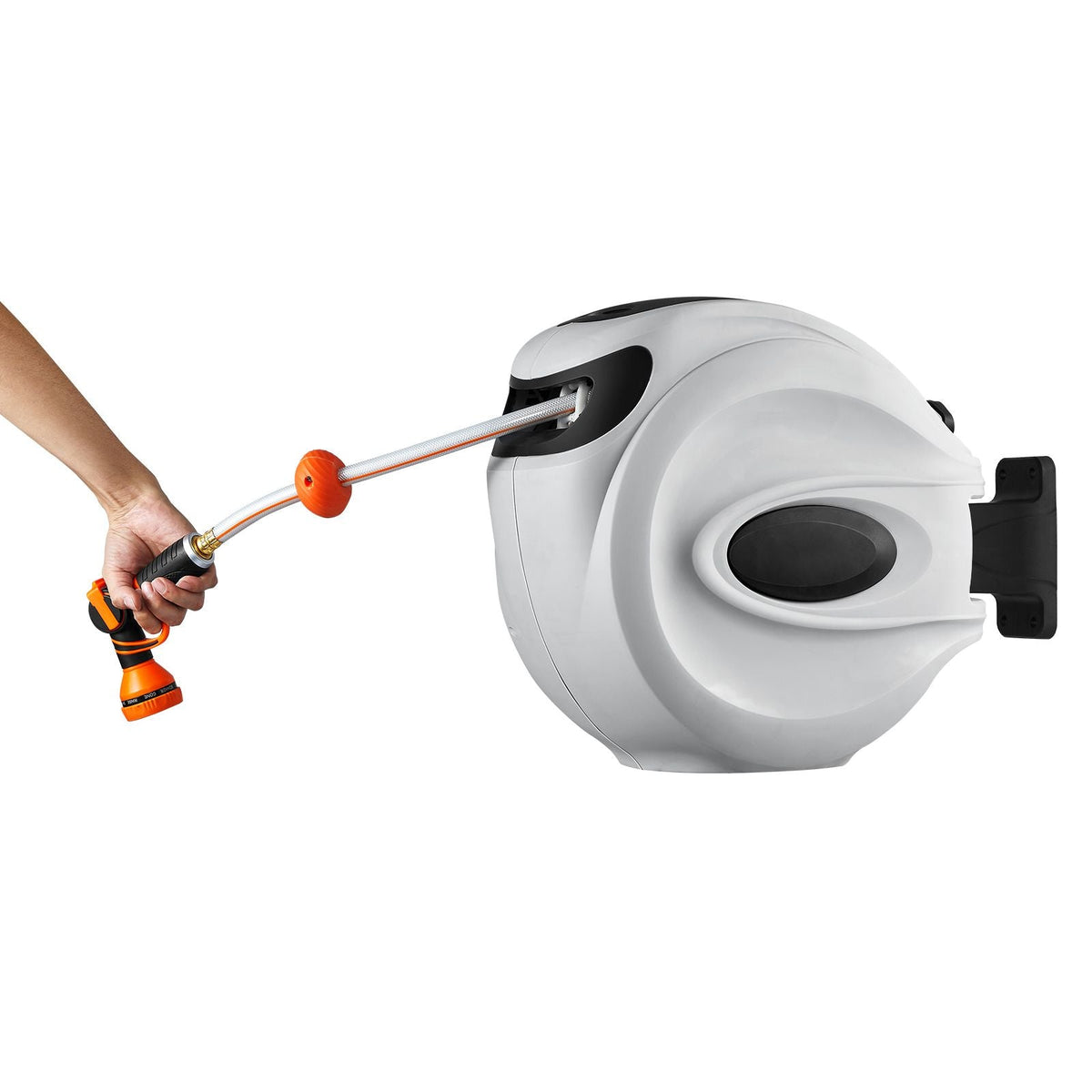 Retractable Hose Reel, 65 ft x 5/8 inch, 180° Swivel Bracket Wall-Mounted, Garden Water Hose Reel with 9-Pattern Nozzle, Automatic Rewind, Lock at Any Length, and Slow Return System
