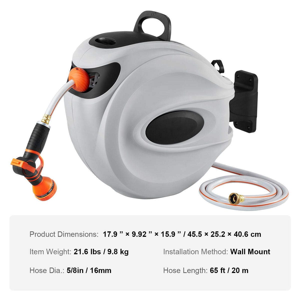 Retractable Hose Reel, 65 ft x 5/8 inch, 180° Swivel Bracket Wall-Mounted, Garden Water Hose Reel with 9-Pattern Nozzle, Automatic Rewind, Lock at Any Length, and Slow Return System