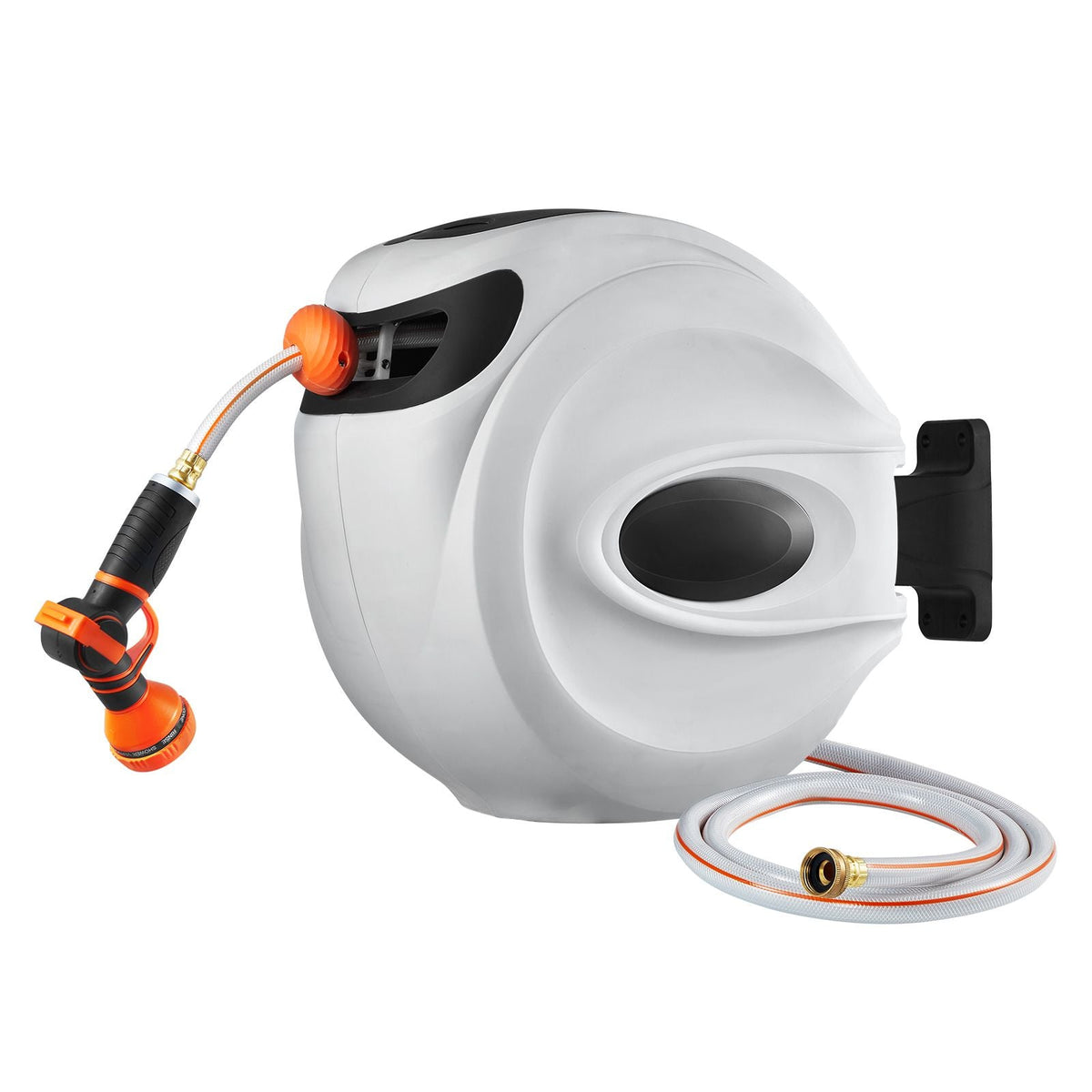 Retractable Hose Reel, 65 ft x 5/8 inch, 180° Swivel Bracket Wall-Mounted, Garden Water Hose Reel with 9-Pattern Nozzle, Automatic Rewind, Lock at Any Length, and Slow Return System