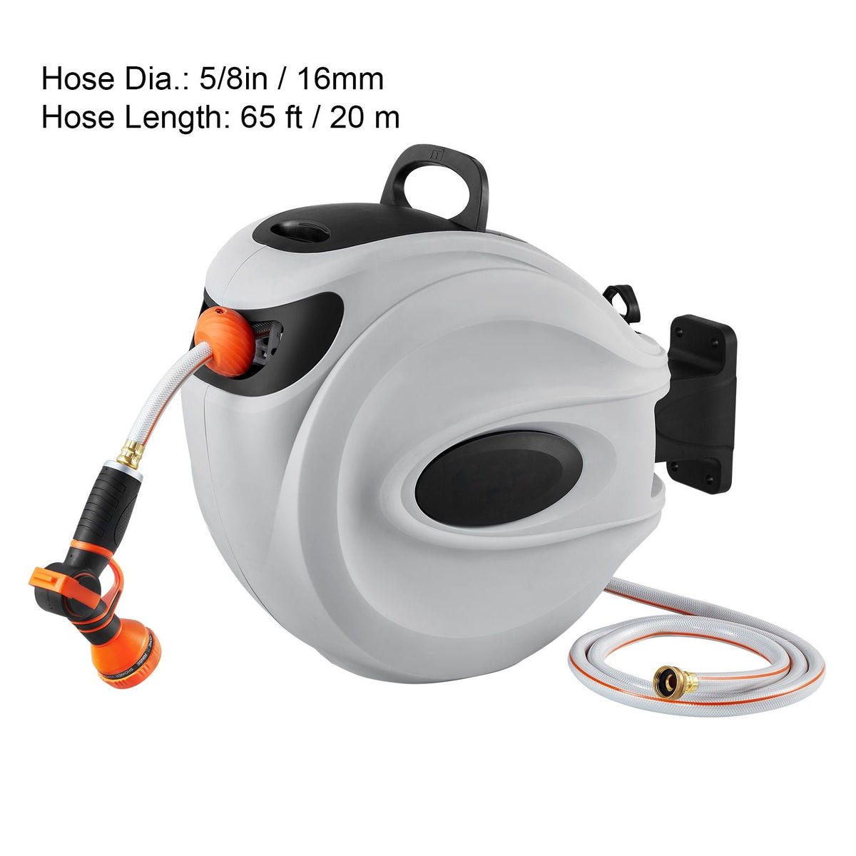 Retractable Hose Reel, 65 ft x 5/8 inch, 180° Swivel Bracket Wall-Mounted, Garden Water Hose Reel with 9-Pattern Nozzle, Automatic Rewind, Lock at Any Length, and Slow Return System