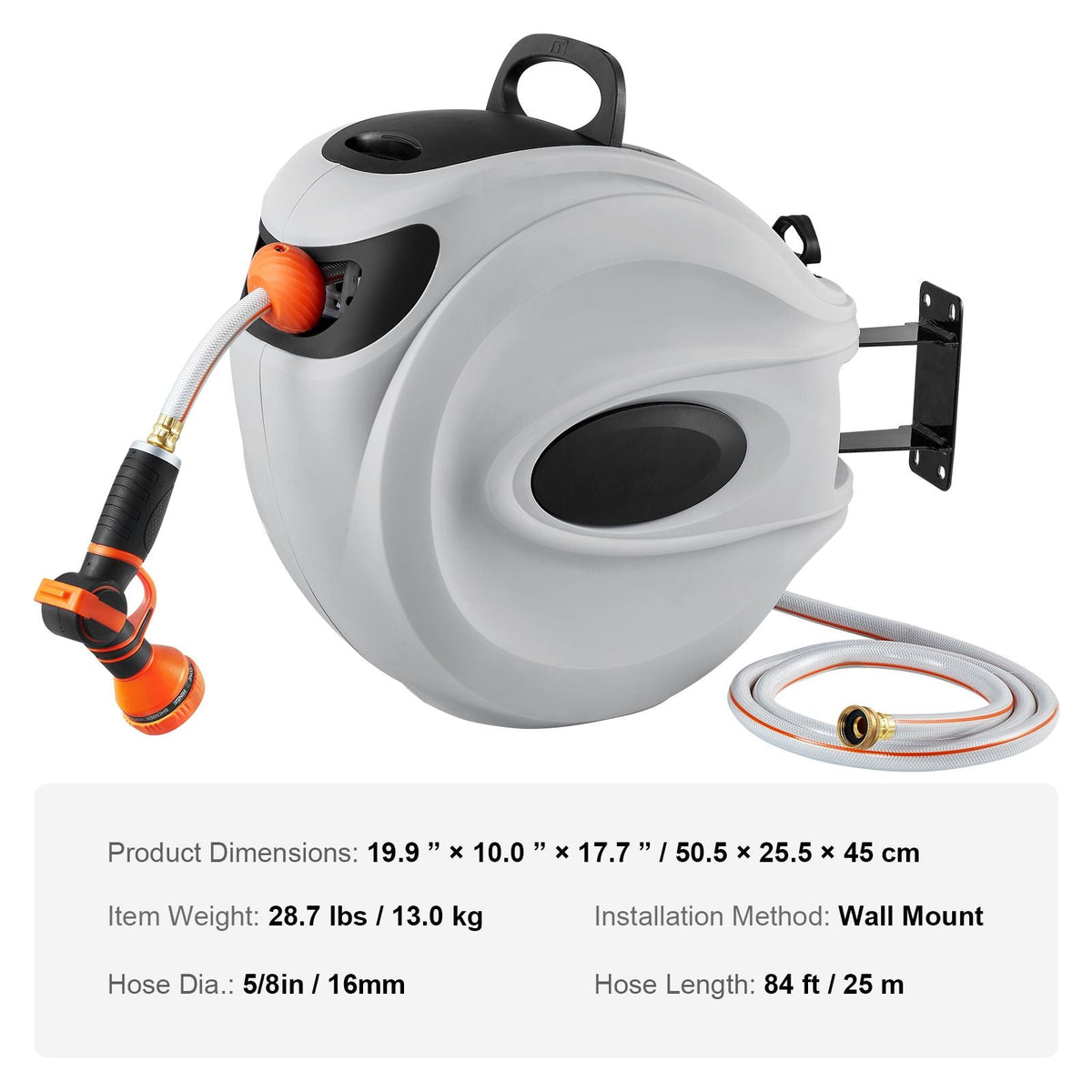 Retractable Hose Reel, 84 ft x 5/8 inch, 180° Swivel Bracket Wall-Mounted, Garden Water Hose Reel with 9-Pattern Nozzle, Automatic Rewind, Lock at Any Length, and Slow Return System
