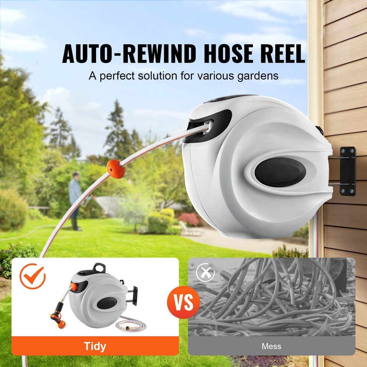 Retractable Hose Reel, 84 ft x 5/8 inch, 180° Swivel Bracket Wall-Mounted, Garden Water Hose Reel with 9-Pattern Nozzle, Automatic Rewind, Lock at Any Length, and Slow Return System