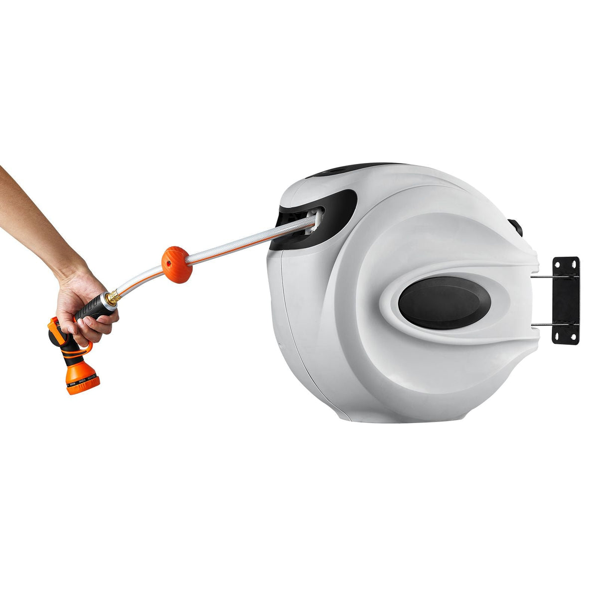 Retractable Hose Reel, 84 ft x 5/8 inch, 180° Swivel Bracket Wall-Mounted, Garden Water Hose Reel with 9-Pattern Nozzle, Automatic Rewind, Lock at Any Length, and Slow Return System