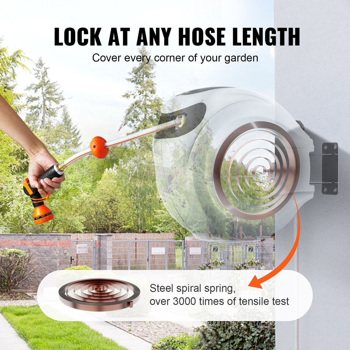 Retractable Hose Reel, 84 ft x 5/8 inch, 180° Swivel Bracket Wall-Mounted, Garden Water Hose Reel with 9-Pattern Nozzle, Automatic Rewind, Lock at Any Length, and Slow Return System
