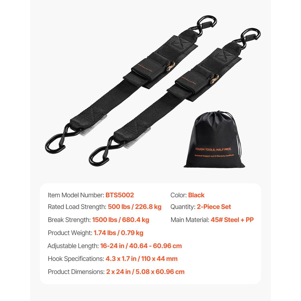 Retractable Ratchet Straps, 2 in x 2 ft Ratchet Tie Down Straps with Security Lock S Hooks, 2 Pack Heavy Duty Ratchet Tie Down Straps with 1500 lbs Break Strength, for Trailers, Vehicles, Boat