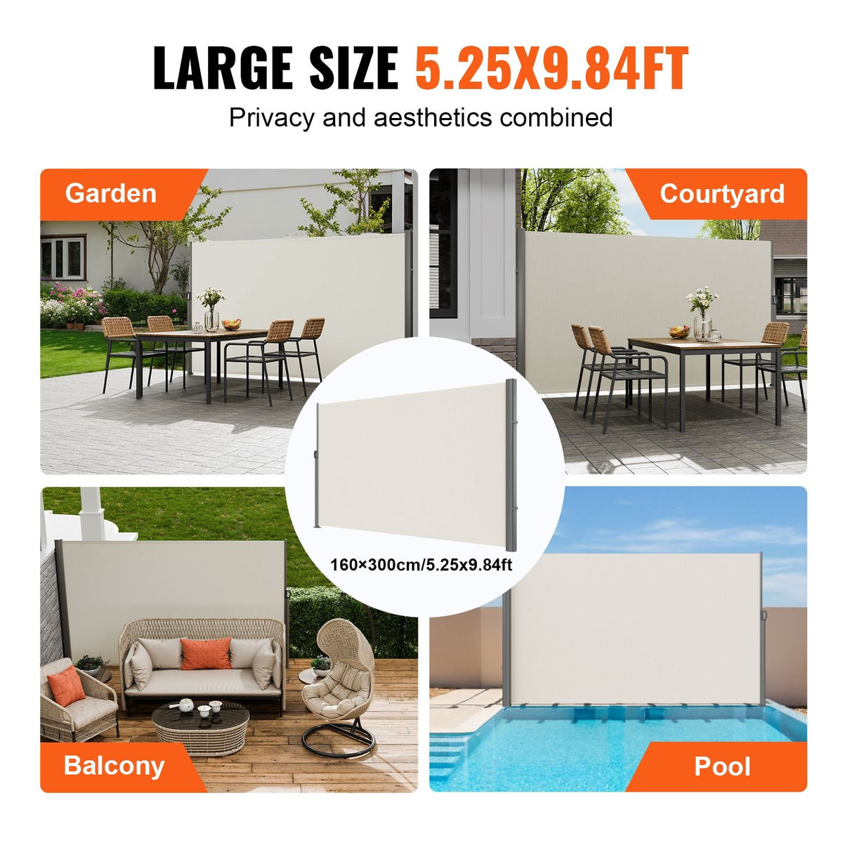 Retractable Side Awning, 63''x 118'' Aluminum Outdoor Privacy Screen, 280g Polyester Water-proof Retractable Patio Screen, UV 30+ Room Divider Wind Screen for Patio, Backyard, Balcony, Beige
