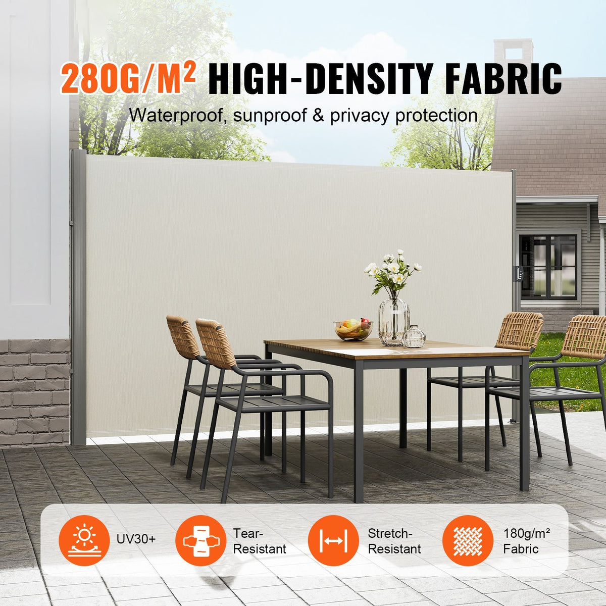 Retractable Side Awning, 63''x 118'' Aluminum Outdoor Privacy Screen, 280g Polyester Water-proof Retractable Patio Screen, UV 30+ Room Divider Wind Screen for Patio, Backyard, Balcony, Beige