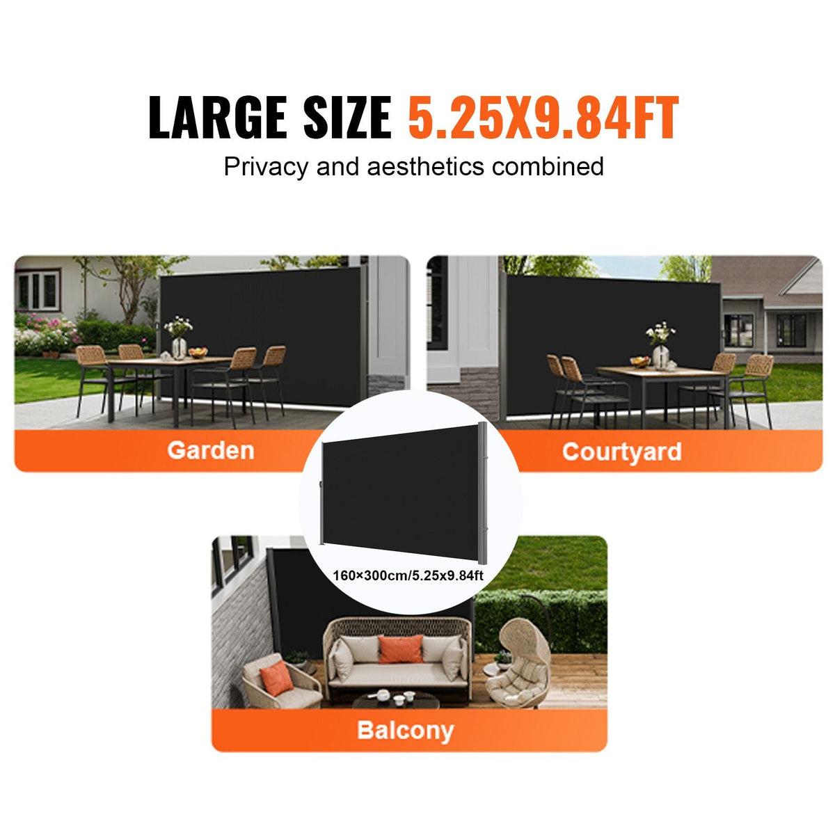Retractable Side Awning, 63''x 118'' Aluminum Outdoor Privacy Screen, 280g Polyester Water-proof Retractable Patio Screen, UV 30+ Room Divider Wind Screen for Patio, Backyard, Balcony, Black