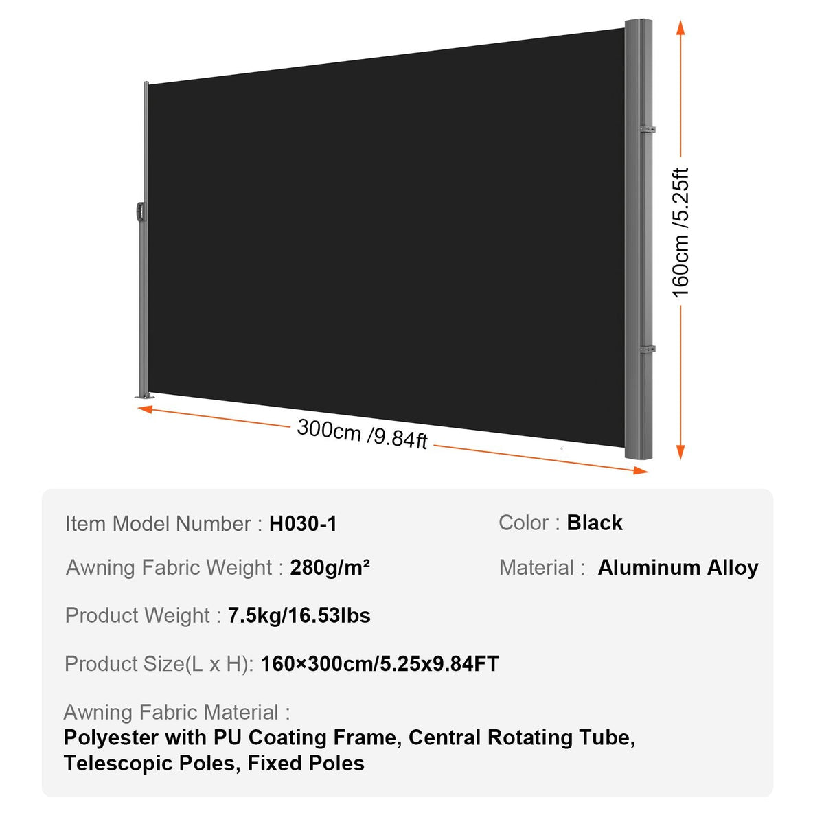 Retractable Side Awning, 63''x 118'' Aluminum Outdoor Privacy Screen, 280g Polyester Water-proof Retractable Patio Screen, UV 30+ Room Divider Wind Screen for Patio, Backyard, Balcony, Black