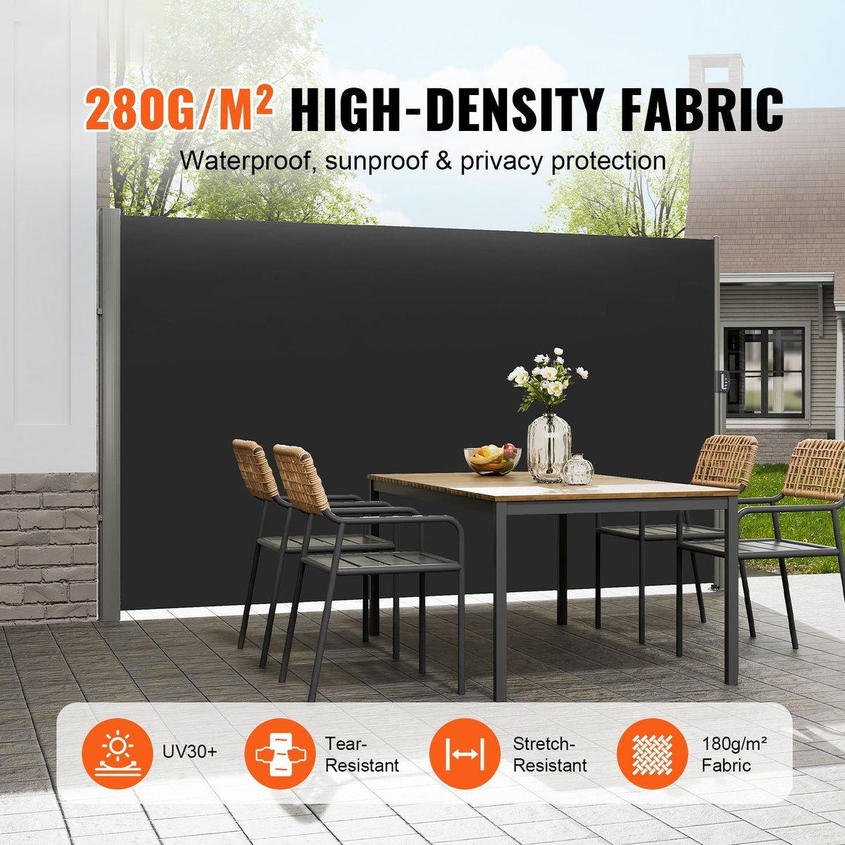 Retractable Side Awning, 63''x 118'' Aluminum Outdoor Privacy Screen, 280g Polyester Water-proof Retractable Patio Screen, UV 30+ Room Divider Wind Screen for Patio, Backyard, Balcony, Black