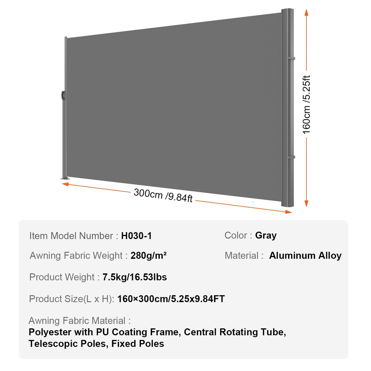 Retractable Side Awning, 63''x 118'' Full Aluminum Rust-Proof Outdoor Privacy Screen, Folding Room Divider Wind Screen for Patio Sun Shade, Backyard, Balcony, Roof Terraces and Pools, Gray