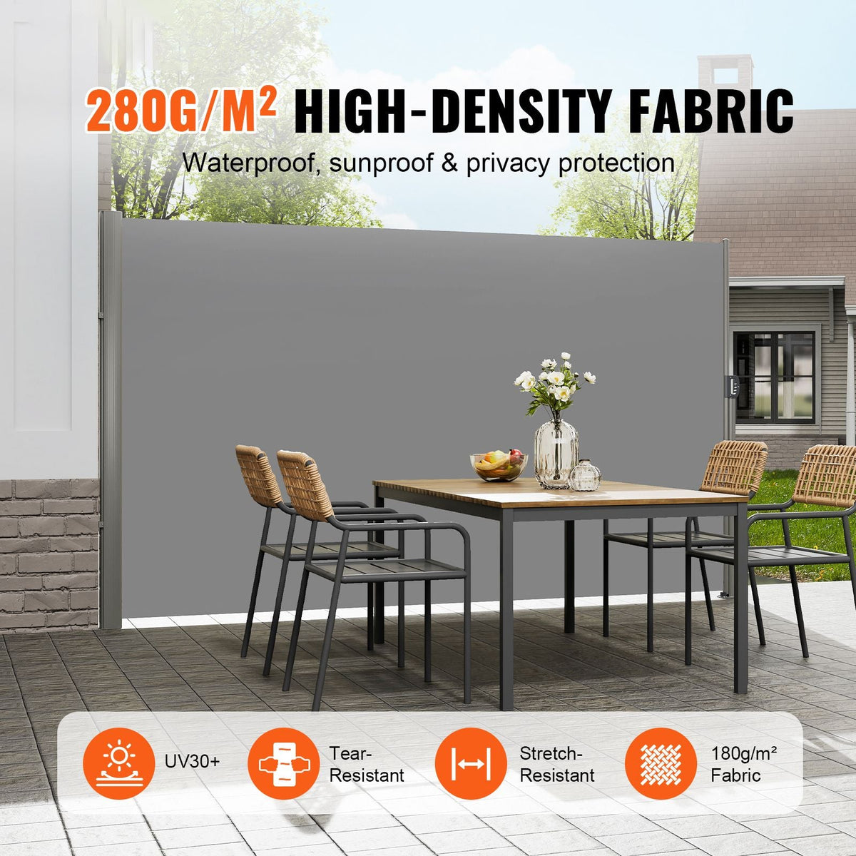 Retractable Side Awning, 63''x 118'' Full Aluminum Rust-Proof Outdoor Privacy Screen, Folding Room Divider Wind Screen for Patio Sun Shade, Backyard, Balcony, Roof Terraces and Pools, Gray