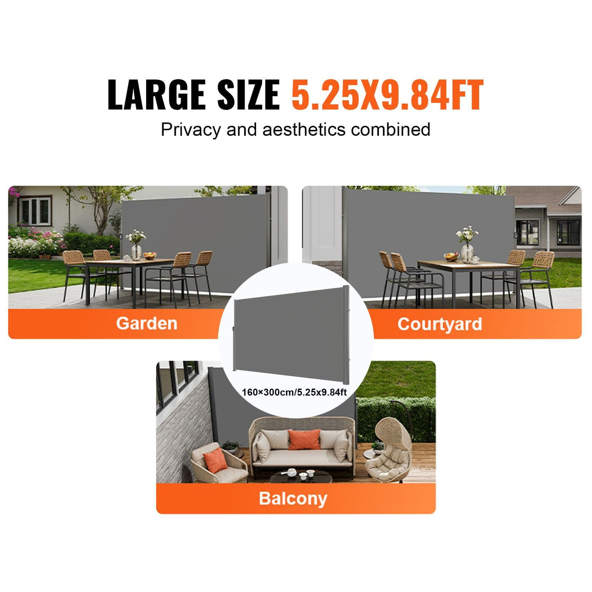 Retractable Side Awning, 63''x 118'' Full Aluminum Rust-Proof Outdoor Privacy Screen, Folding Room Divider Wind Screen for Patio Sun Shade, Backyard, Balcony, Roof Terraces and Pools, Gray
