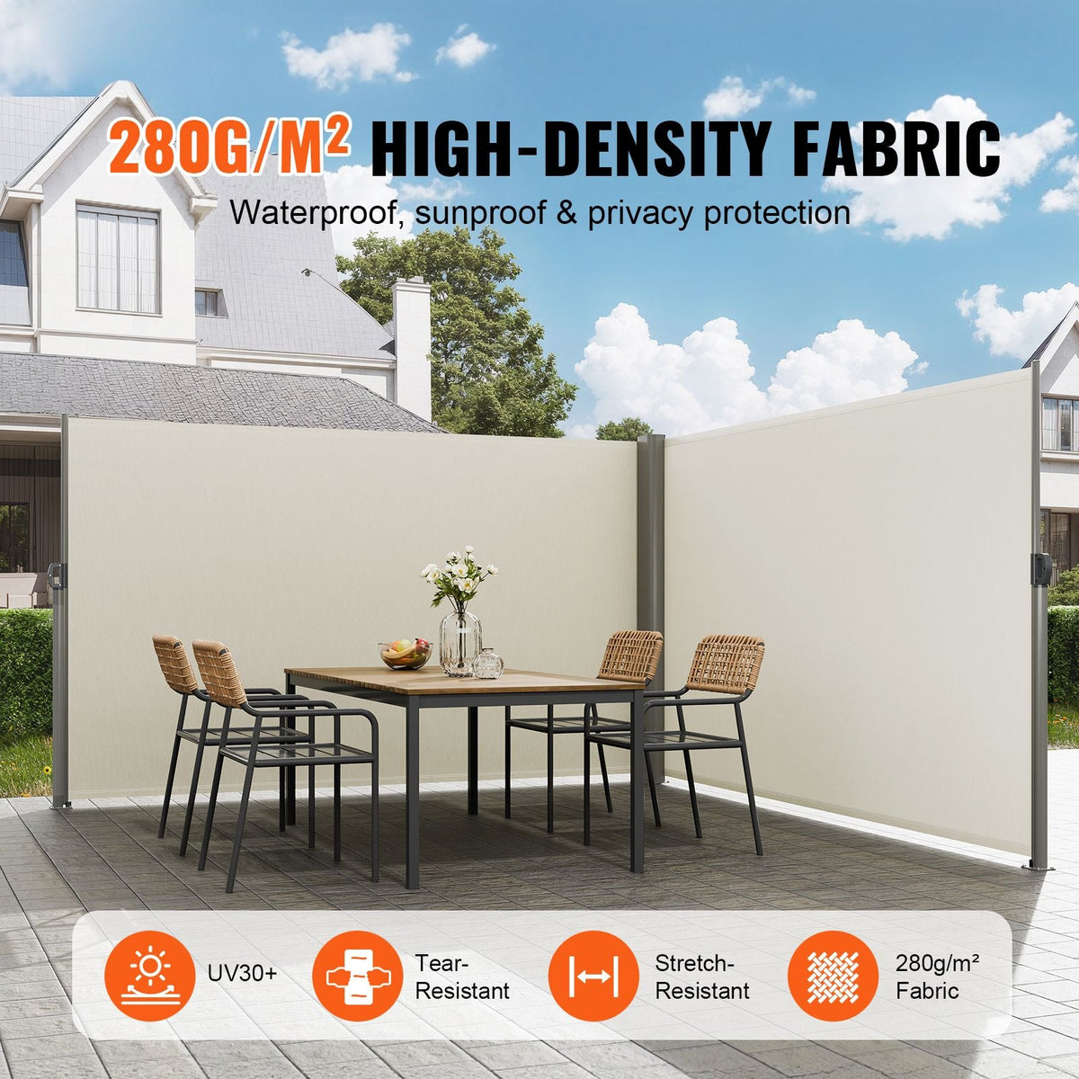 Retractable Side Awning, 63''x 236'' Aluminum Outdoor Privacy Screen, 280g Polyester Water-proof Retractable Patio Screen, UV 30+ Room Divider Wind Screen for Patio, Backyard, Balcony, Beige