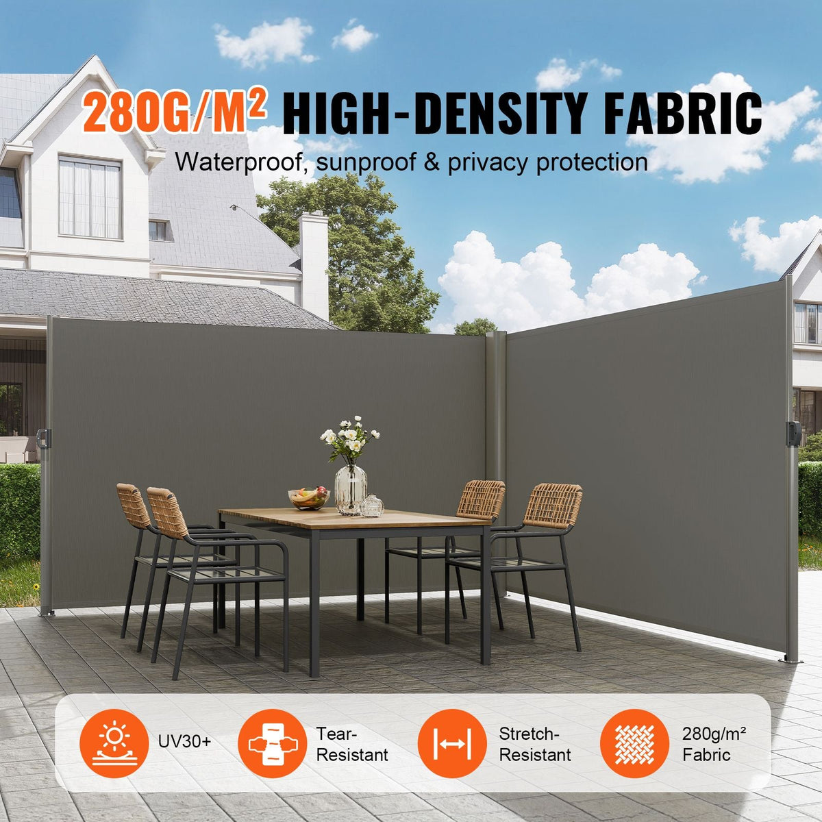 Retractable Side Awning, 63''x 236'' Aluminum Outdoor Privacy Screen, 280g Polyester Water-proof Retractable Patio Screen, UV 30+ Room Divider Wind Screen for Patio, Backyard, Balcony, Gray