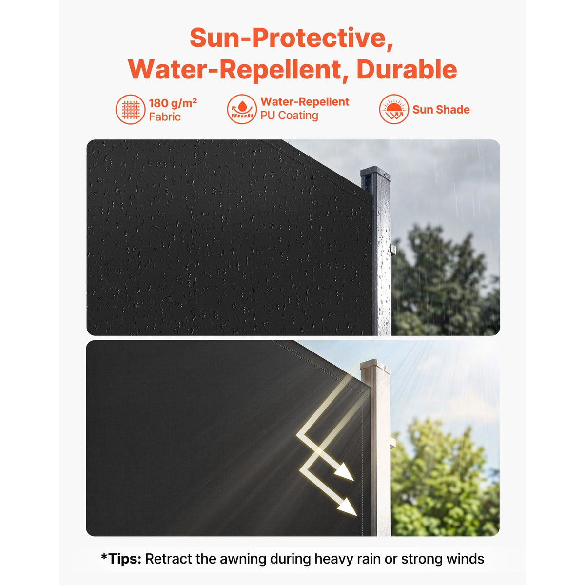 Retractable Side Awning, 71" x 118" Patio Retractable Side Screen with 180 g/m² Polyester Fabric, Waterproof Sunshade Outdoor Privacy Screen Room Divider for Garden, Balcony, Pools, Deck, Black
