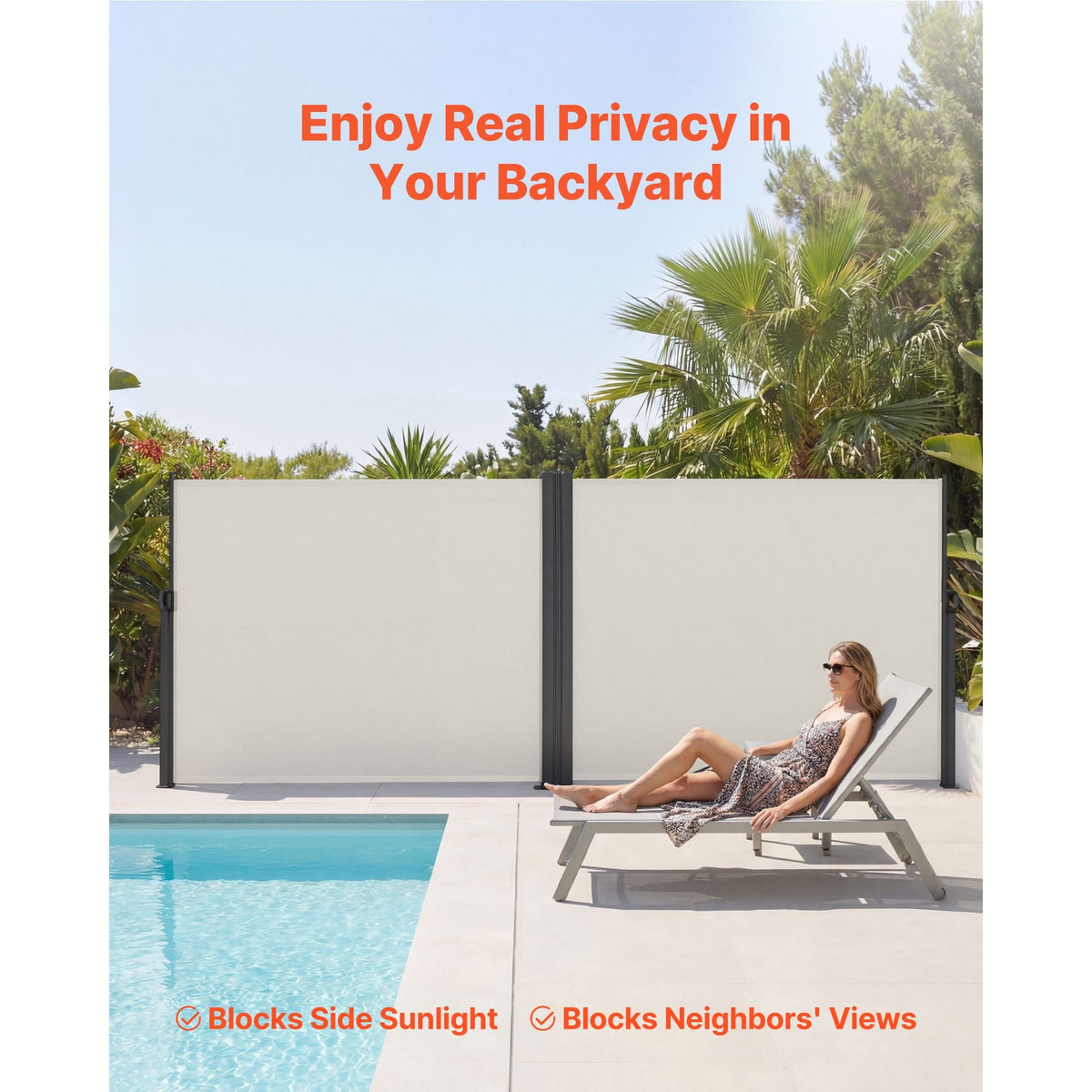Retractable Side Awning, 71" x 236" Patio Retractable Side Screen with 180 g/m² Polyester Fabric, Waterproof Sunshade Outdoor Privacy Screen Room Divider for Garden, Balcony, Pools, Deck, Beige
