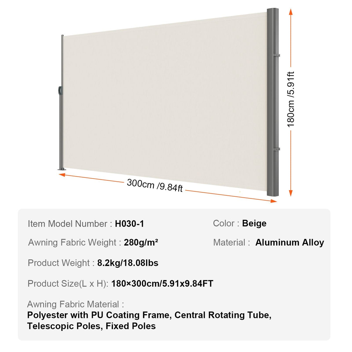 Retractable Side Awning, 71''x 118'' Aluminum Outdoor Privacy Screen, 280g Polyester Water-proof Retractable Patio Screen, UV 30+ Room Divider Wind Screen for Patio, Backyard, Balcony, Beige
