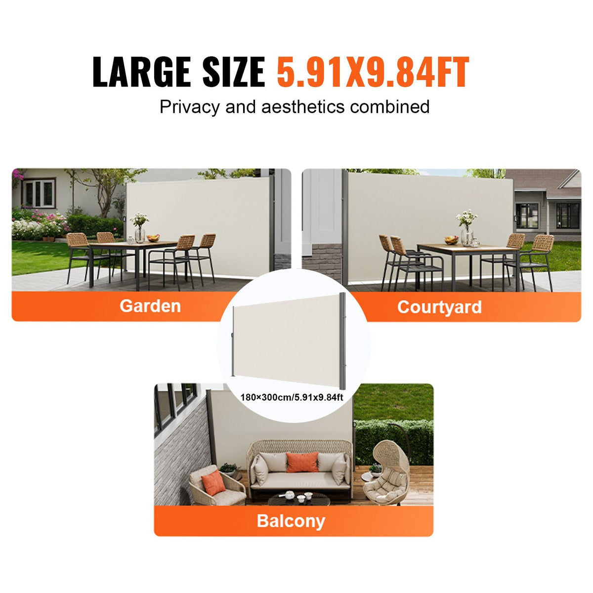 Retractable Side Awning, 71''x 118'' Aluminum Outdoor Privacy Screen, 280g Polyester Water-proof Retractable Patio Screen, UV 30+ Room Divider Wind Screen for Patio, Backyard, Balcony, Beige