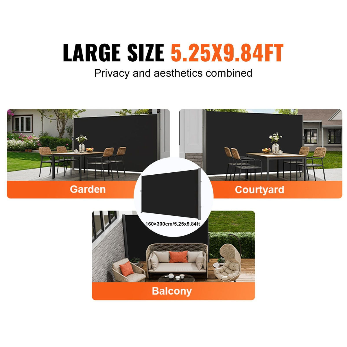 Retractable Side Awning, 71''x 118'' Aluminum Outdoor Privacy Screen, 280g Polyester Water-proof Retractable Patio Screen, UV 30+ Room Divider Wind Screen for Patio, Backyard, Balcony, Black