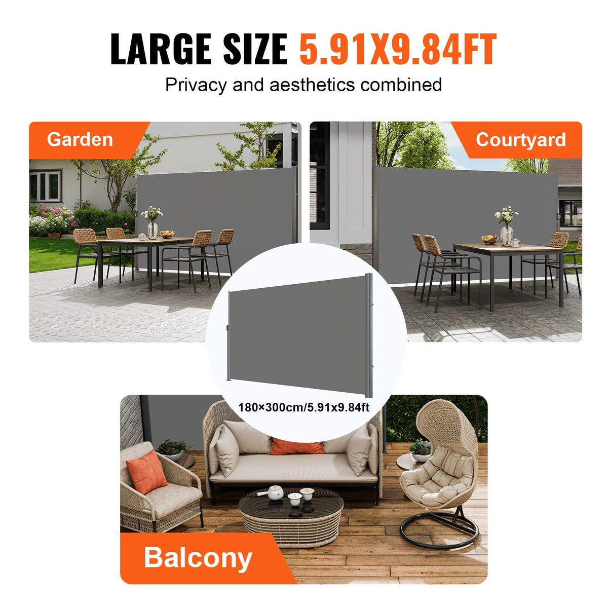 Retractable Side Awning, 71''x 118'' Aluminum Outdoor Privacy Screen, 280g Polyester Water-proof Retractable Patio Screen, UV 30+ Room Divider Wind Screen for Patio, Backyard, Balcony, Gray