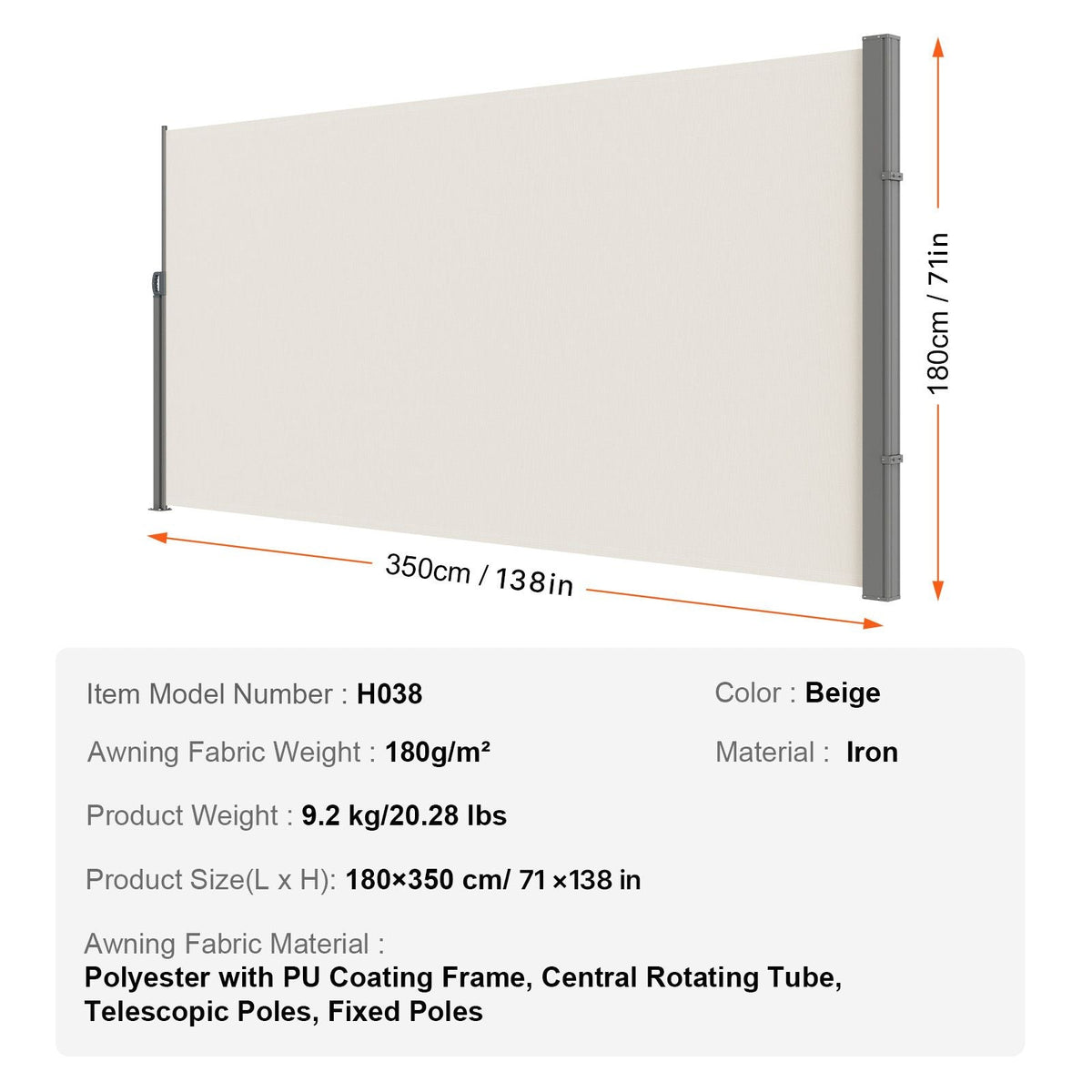 Retractable Side Awning, 71''x 138'' Outdoor Privacy Screen, 180g Polyester Water-proof Retractable Patio Screen, UV 30+ Room Divider Wind Screen for Patio, Backyard, Balcony, Beige