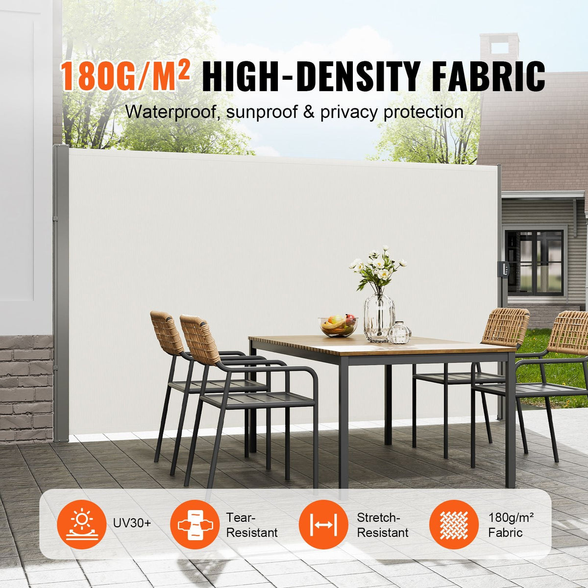 Retractable Side Awning, 71''x 138'' Outdoor Privacy Screen, 180g Polyester Water-proof Retractable Patio Screen, UV 30+ Room Divider Wind Screen for Patio, Backyard, Balcony, Beige