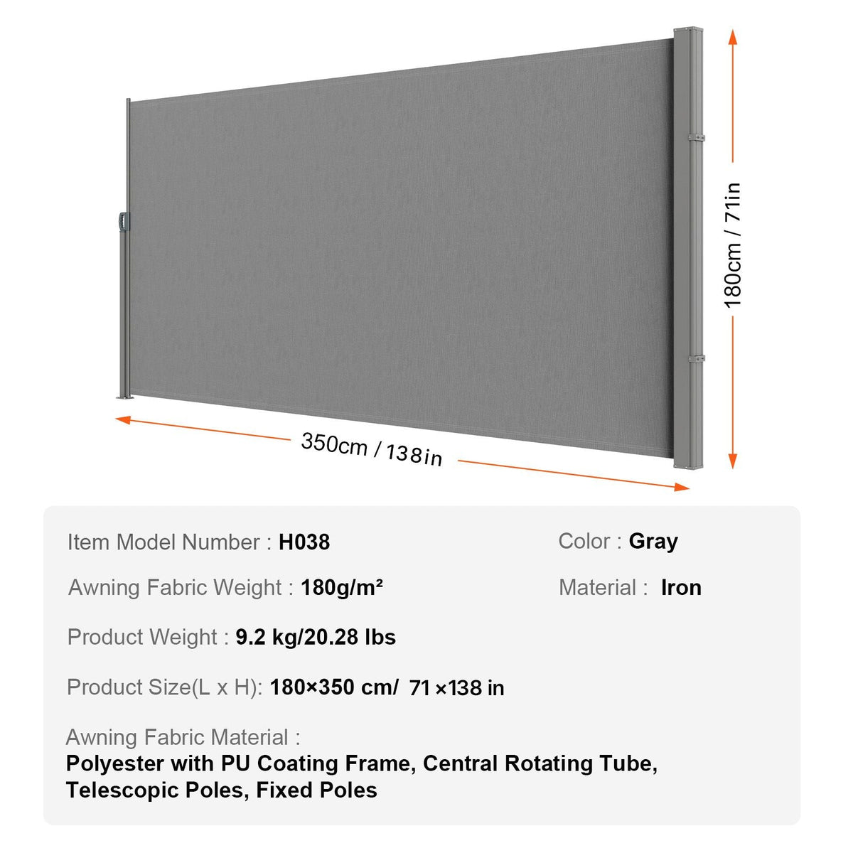 Retractable Side Awning, 71''x 138'' Outdoor Privacy Screen, 180g Polyester Water-proof Retractable Patio Screen, UV 30+ Room Divider Wind Screen for Patio, Backyard, Balcony, Gray