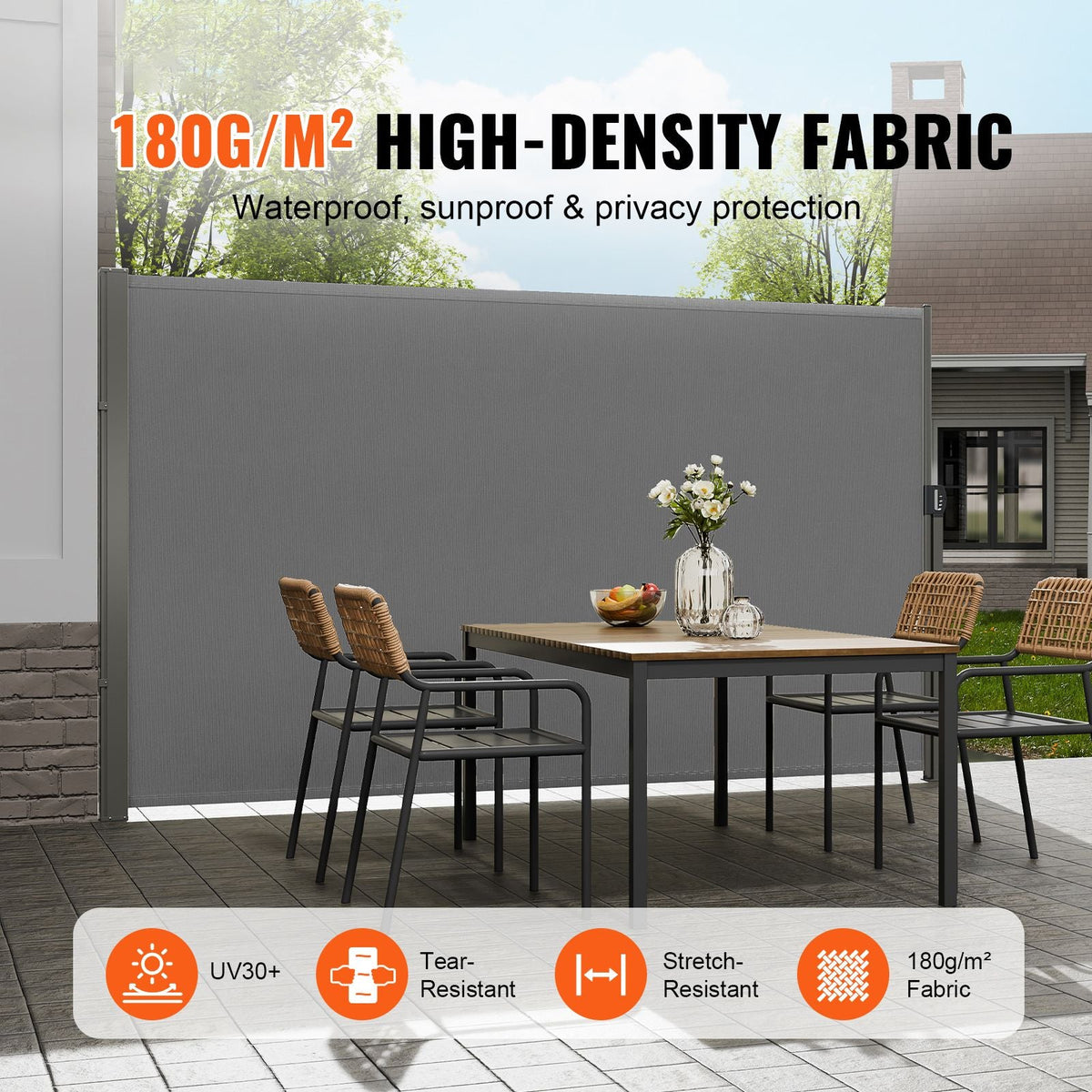 Retractable Side Awning, 71''x 138'' Outdoor Privacy Screen, 180g Polyester Water-proof Retractable Patio Screen, UV 30+ Room Divider Wind Screen for Patio, Backyard, Balcony, Gray