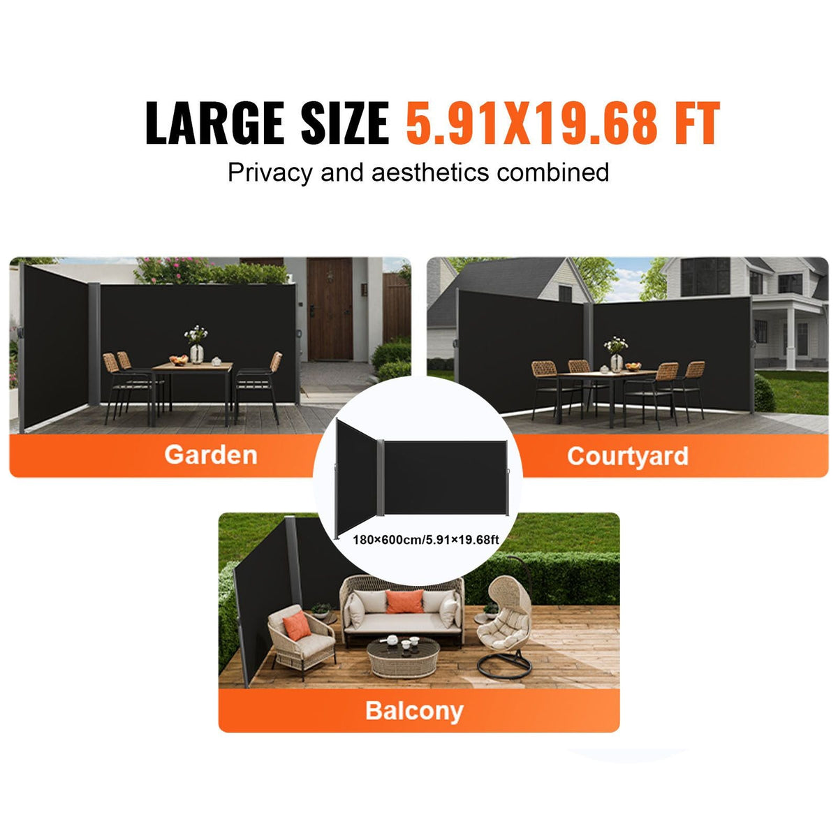 Retractable Side Awning, 71''x 236'' Aluminum Outdoor Privacy Screen, 280g Polyester Water-proof Retractable Patio Screen, UV 30+ Room Divider Wind Screen for Patio, Backyard, Balcony, Black