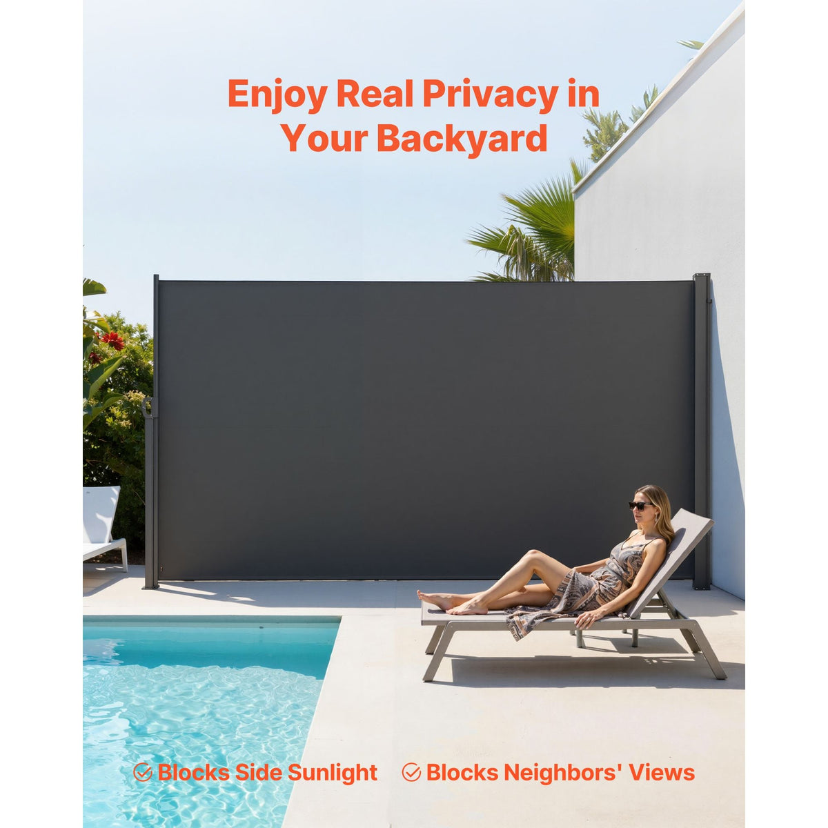 Retractable Side Awning, 73" x 165" Patio Retractable Side Screen with 180 g/m² Polyester Fabric, Waterproof Sunshade Outdoor Privacy Screen Room Divider for Garden, Balcony, Pools, Deck, Gray