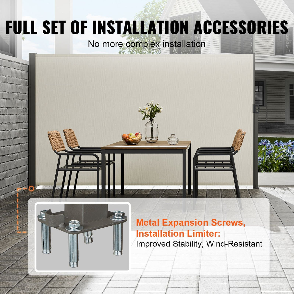 Retractable Side Awning, 79''x 118'' Outdoor Privacy Screen, 180g Polyester Water-proof Retractable Patio Screen, UV 30+ Room Divider Wind Screen for Patio, Backyard, Balcony, Beige