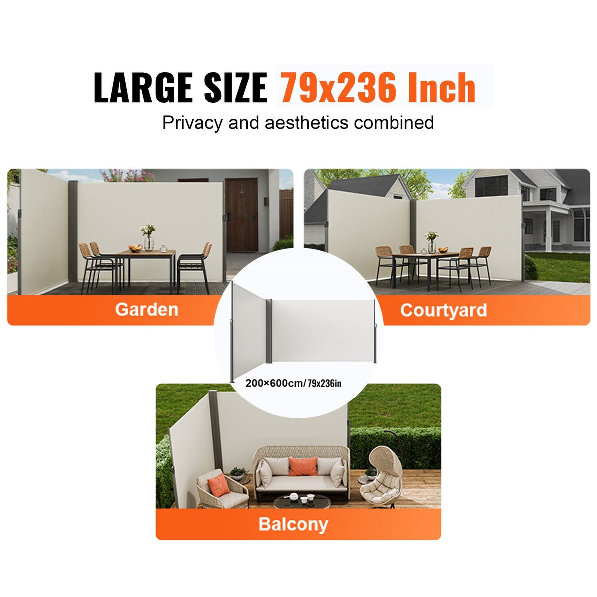 Retractable Side Awning, 79''x 236'' Outdoor Privacy Screen, 180g Polyester Water-proof Retractable Patio Screen, UV 30+ Room Divider Wind Screen for Patio, Backyard, Balcony, Beige