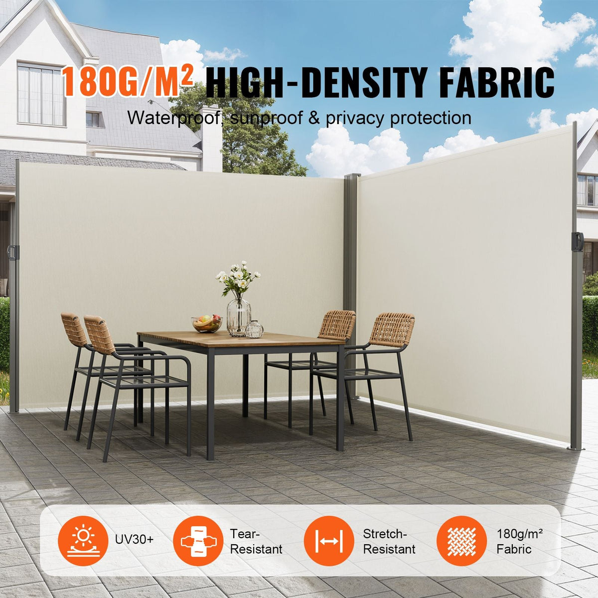 Retractable Side Awning, 79''x 236'' Outdoor Privacy Screen, 180g Polyester Water-proof Retractable Patio Screen, UV 30+ Room Divider Wind Screen for Patio, Backyard, Balcony, Beige