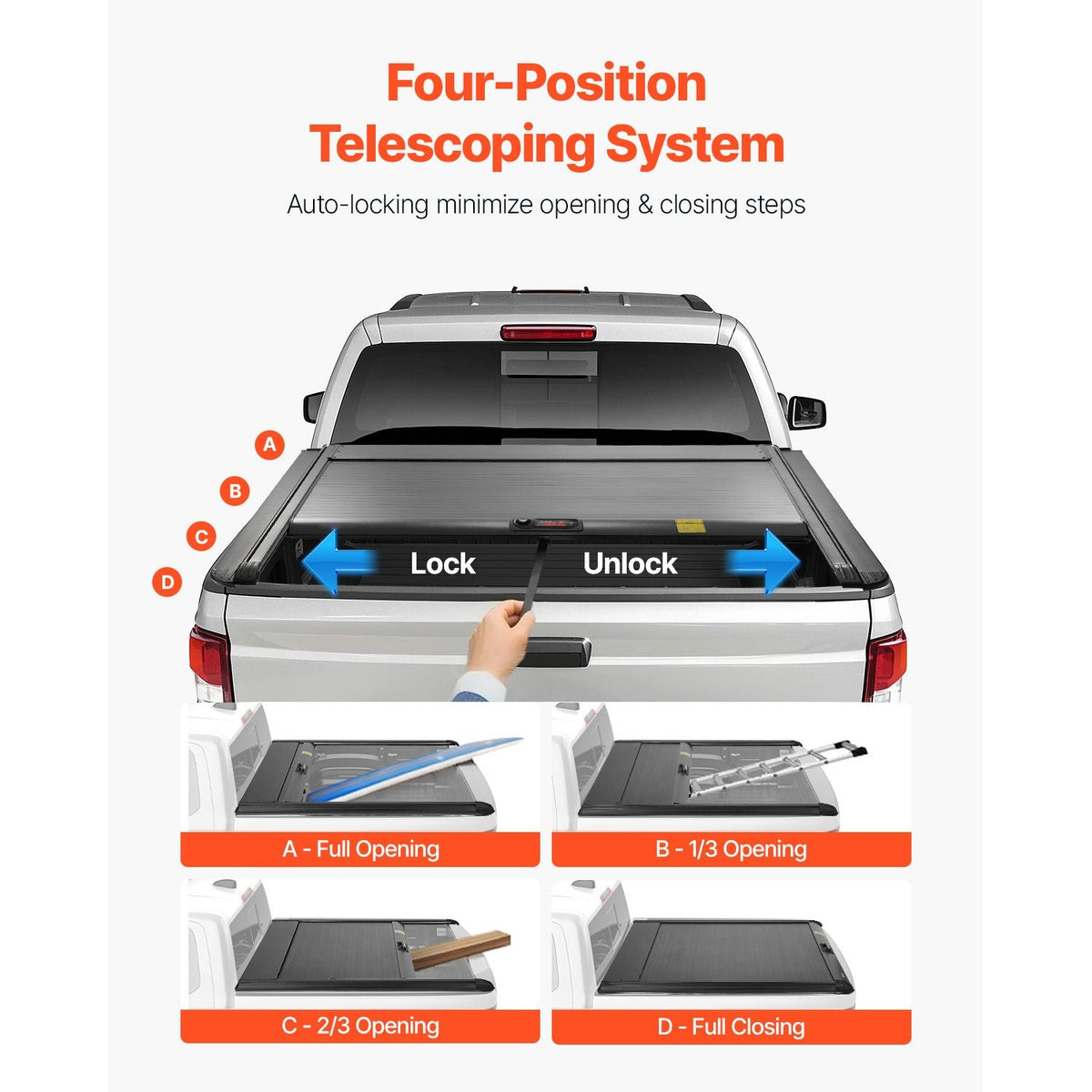 Retractable Tonneau Cover, 5.0 ft Retractable Tonneau Cover with Built-in Drainage Pipe for 2021-2024 Toyota Tacoma Crew Cab w/ Deck Rail System , Hard Tonneau Cover with Double-Lock & T-Slot