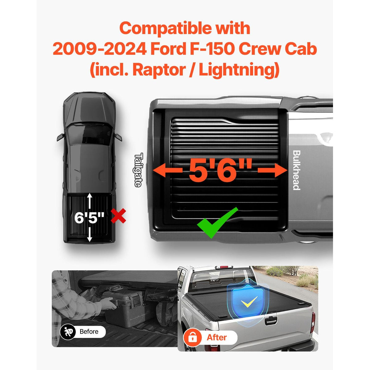Retractable Tonneau Cover, 5.5 ft Hard Retractable Tonneau Cover with Built-in Drainage Pipe for 2009-2024 Ford F-150 Crew Cab , Customized Hard Tonneau Cover with Double-Lock & T-Slot