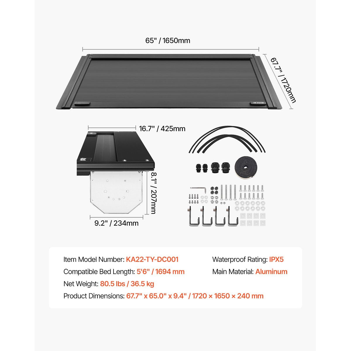 Retractable Tonneau Cover, 5.5 ft Hard Tonneau Cover with Built-in Drainage Pipe for 2022 - 2024 Toyota Tundra Crew Cab w/ Deck Rail System , Hard Tonneau Cover with Double-Lock & T-Slot