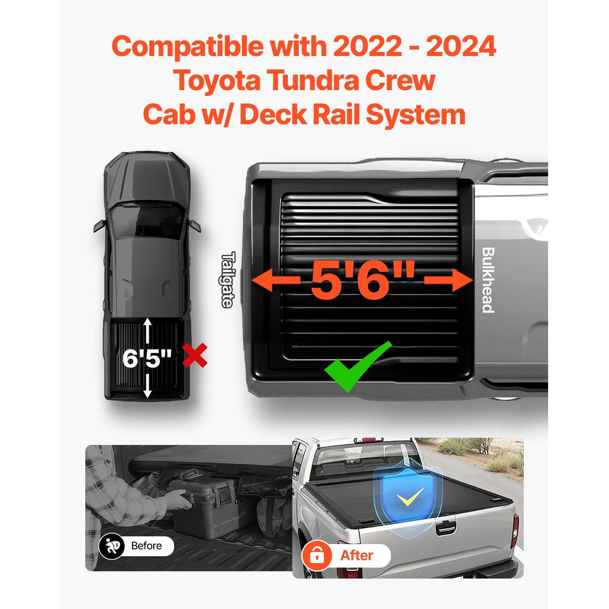 Retractable Tonneau Cover, 5.5 ft Hard Tonneau Cover with Built-in Drainage Pipe for 2022 - 2024 Toyota Tundra Crew Cab w/ Deck Rail System , Hard Tonneau Cover with Double-Lock & T-Slot