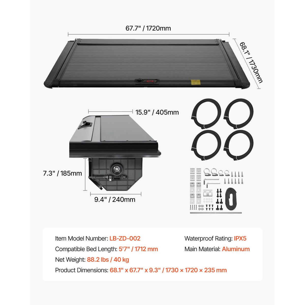 Retractable Tonneau Cover, 5.7 ft Hard Retractable Tonneau Cover with Built-in Drainage Pipe for 2021-2024 Dodge Ram 1500 Crew Cab , Customized Hard Tonneau Cover with Double-Lock & T-Slot