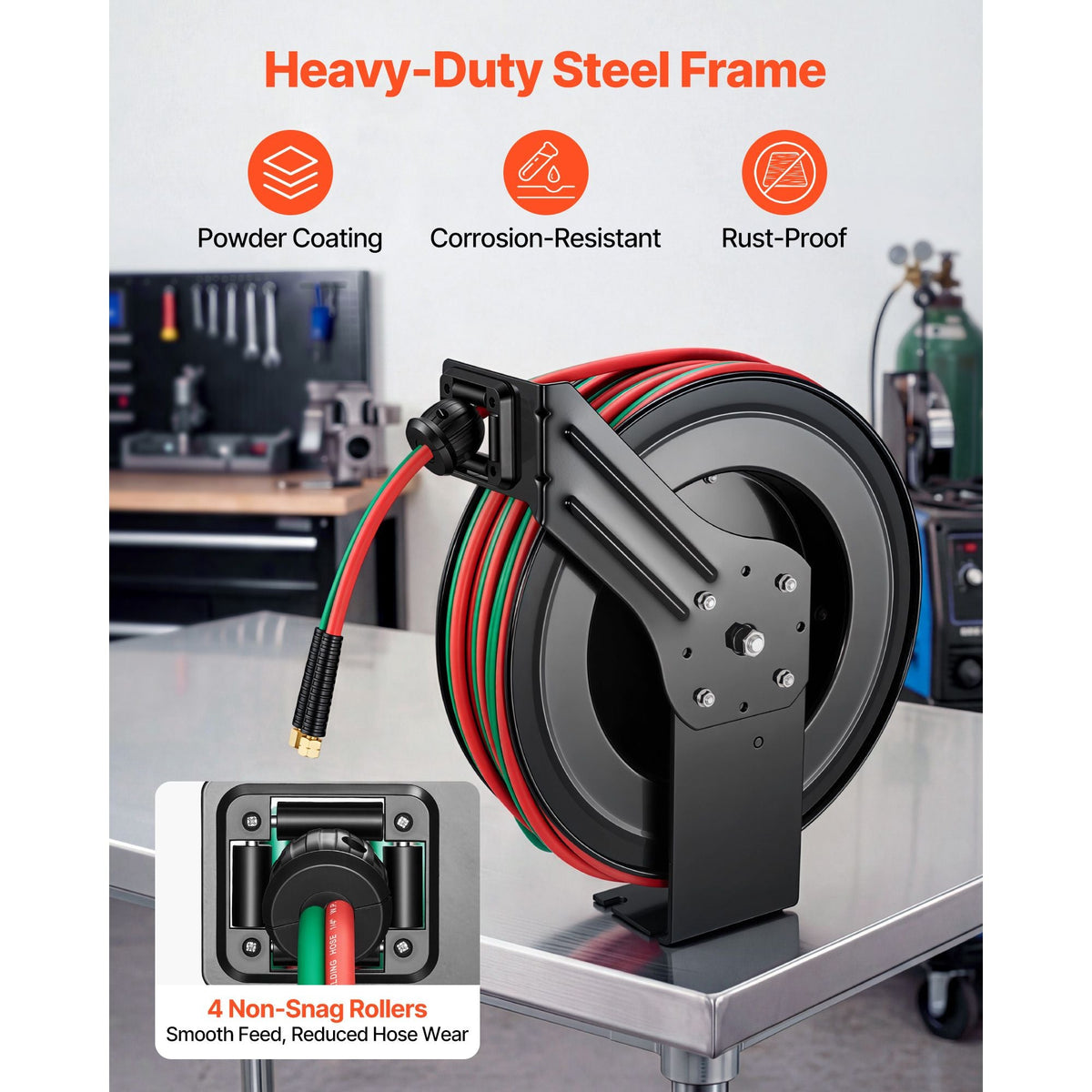 Retractable Welding Hose Reel, 1/4 Inch x 100FT Twin Oxygen Acetylene Rubber Hose Max 300PSI - R Grade, Ceiling/Wall Mount Heavy Duty Steel Hose Reel Auto-Rewind, Ideal for Workshops Garages
