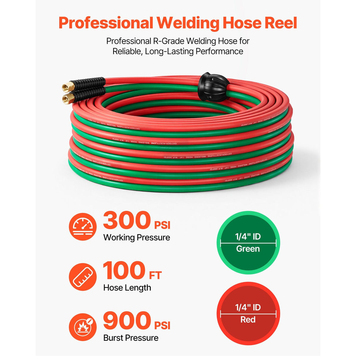Retractable Welding Hose Reel, 1/4 Inch x 100FT Twin Oxygen Acetylene Rubber Hose Max 300PSI - R Grade, Ceiling/Wall Mount Heavy Duty Steel Hose Reel Auto-Rewind, Ideal for Workshops Garages