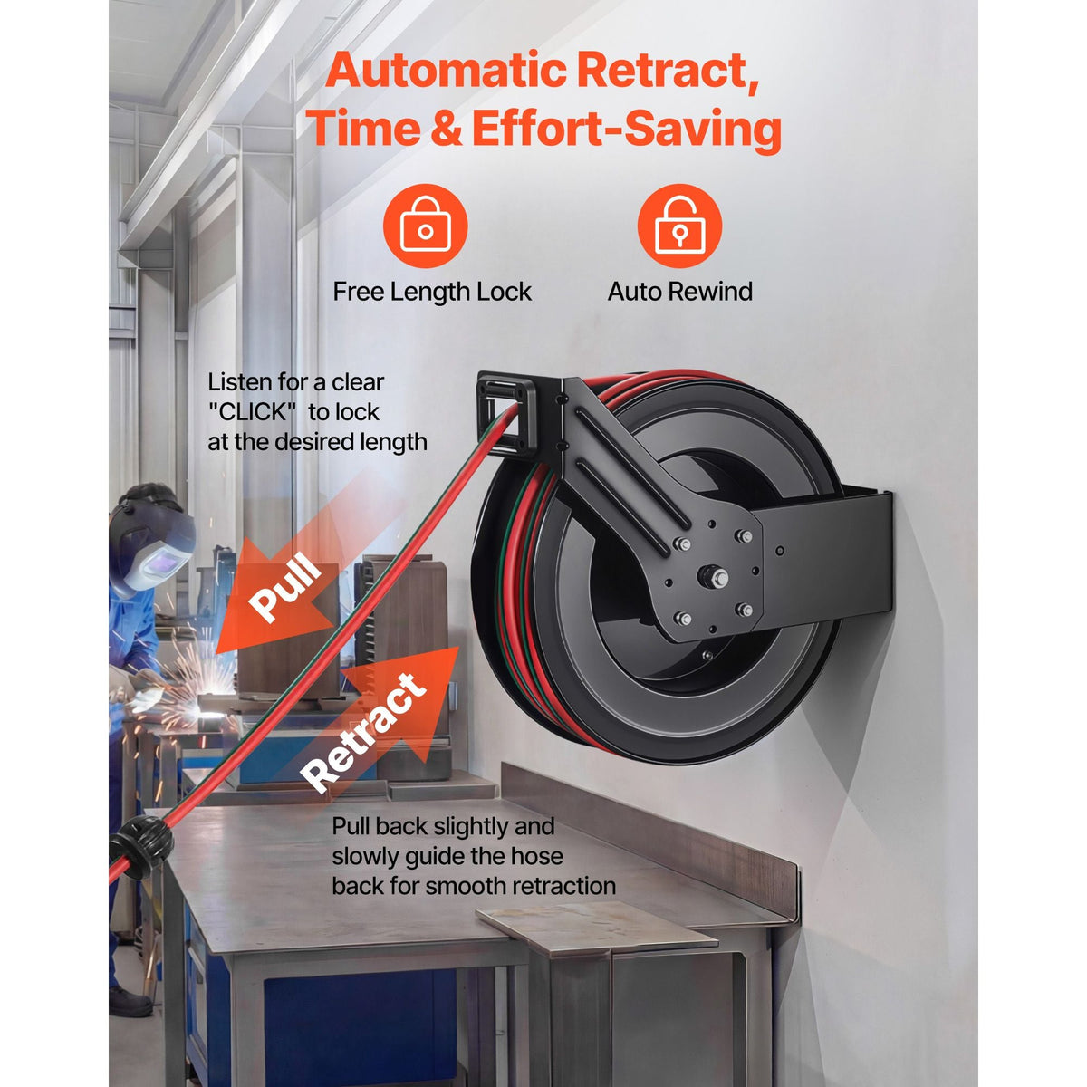 Retractable Welding Hose Reel, 1/4 Inch x 100FT Twin Oxygen Acetylene Rubber Hose Max 300PSI - R Grade, Ceiling/Wall Mount Heavy Duty Steel Hose Reel Auto-Rewind, Ideal for Workshops Garages