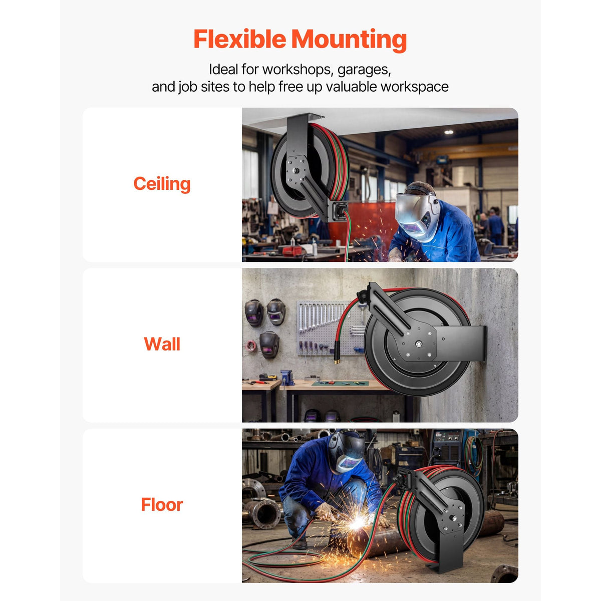 Retractable Welding Hose Reel, 1/4 Inch x 100FT Twin Oxygen Acetylene Rubber Hose Max 300PSI - R Grade, Ceiling/Wall Mount Heavy Duty Steel Hose Reel Auto-Rewind, Ideal for Workshops Garages