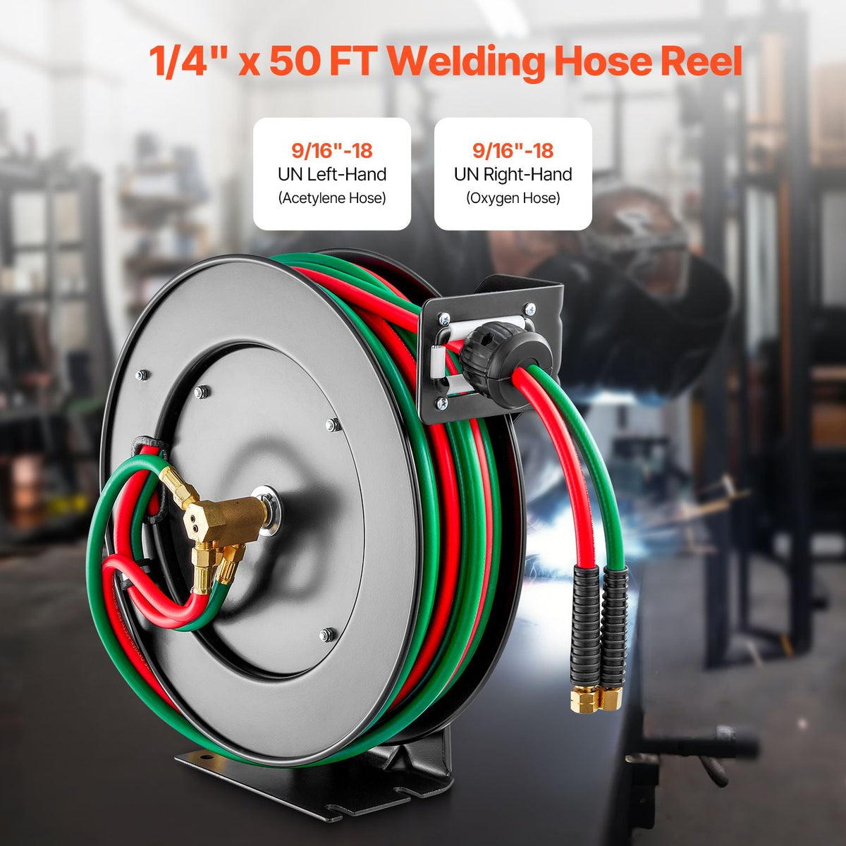 Retractable Welding Hose Reel, 1/4-Inch x 50FT Twin Oxygen Acetylene Rubber Hose Max 300PSI - R Grade, Ceiling/Wall Mount Heavy Duty Steel Hose Reel Auto-Rewind, Ideal for Workshops Garages