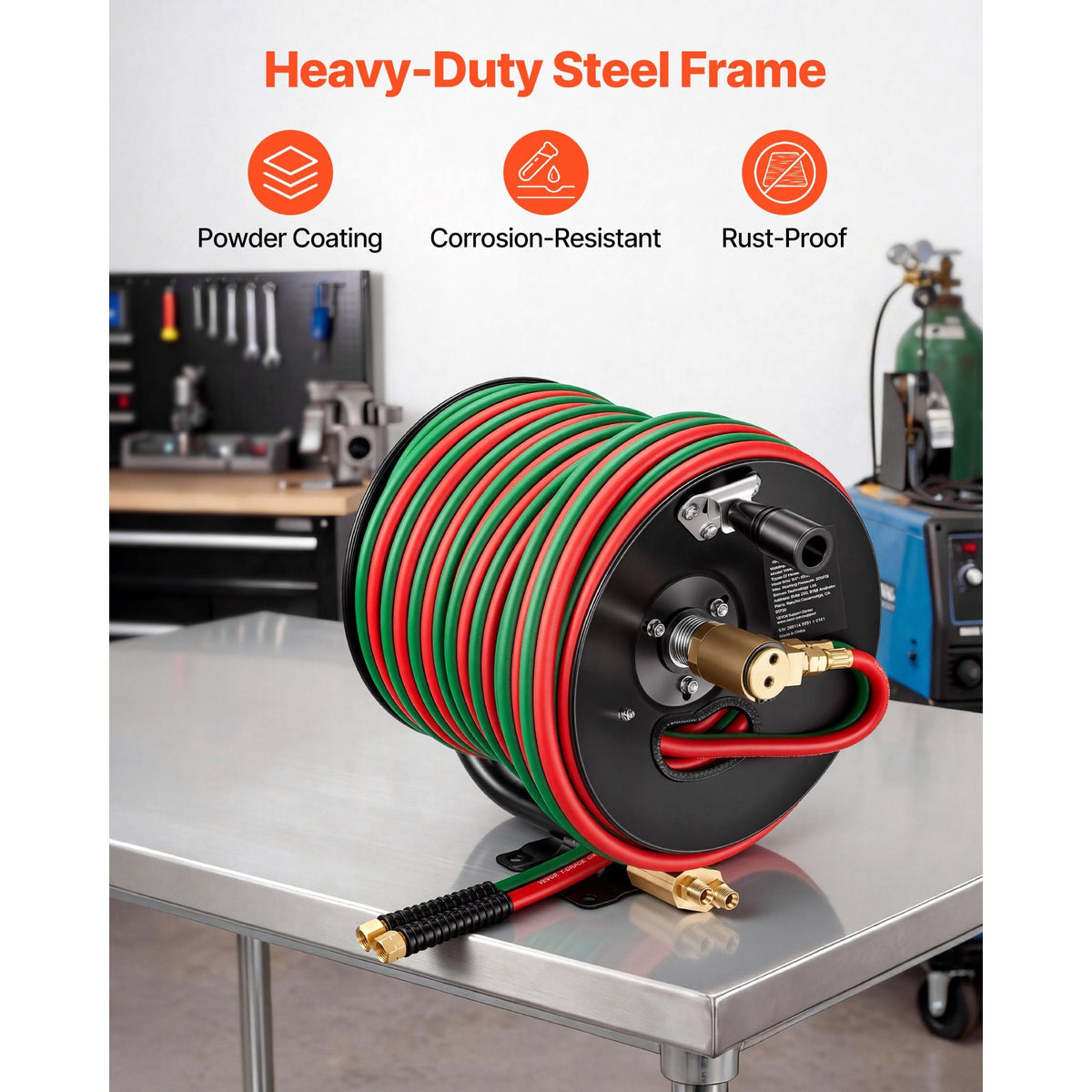 Retractable Welding Hose Reel, Hand Crank Manual Rewind Hose Reel with 1/4 Inch x 100FT Twin Oxygen Acetylene Rubber Hose Max 300PSI - T Grade, Ceiling/Wall Mount Steel Reel for Workshop Garages